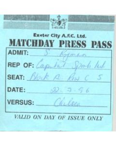 Exeter v Chelsea press pass 22/07/1996
