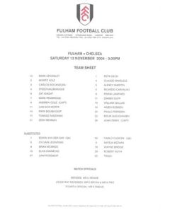 Chelsea v Fulham official colour teamsheet 13/11/2004