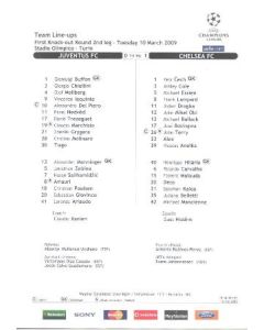 Juventus v Chelsea Champions League Final in Turin on 10/03/2009 Team Sheet