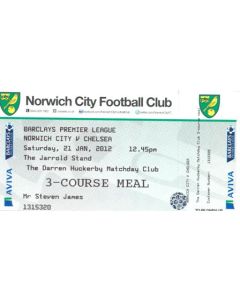 Norwich City v Chelsea unused ticket 21/01/2012 Premier League