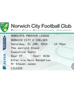Norwich City v Chelsea used ticket 21/01/2012 Premier League